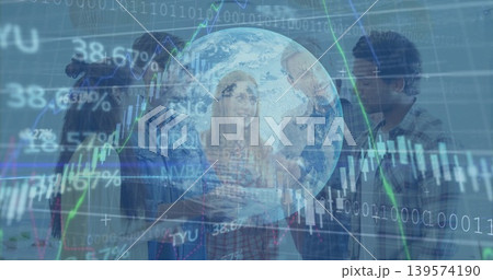 Talking five-member team in business casual pointing at globe overlay in office with financial data Talking five-member team in business casual pointing at globe overlay in office with financial data 139574190