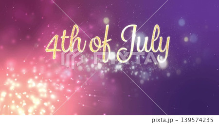 Shimmering stylized 4th of July script glowing on pink to purple gradient, with gold glitter halo 139574235