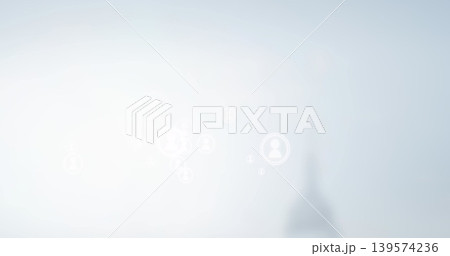 Floating cluster of user icons connecting across pale gradient field, with glowing points and spire Floating cluster of user icons connecting across pale gradient field, with glowing points and spire 139574236
