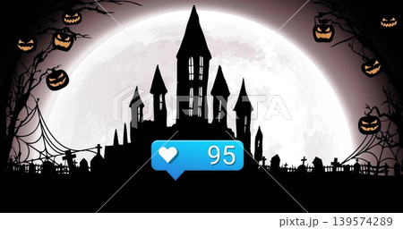 Looming eerie castle casting moonlight over cemetery at night, with pumpkins and blue bubble 95 Looming eerie castle casting moonlight over cemetery at night, with pumpkins and blue bubble 95 139574289