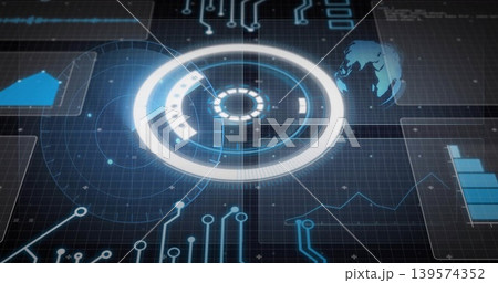 Displaying central circular hologram interface over data grid, showing circuit traces and bar chart Displaying central circular hologram interface over data grid, showing circuit traces and bar chart 139574352
