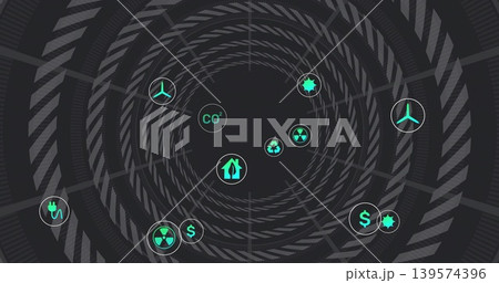 Floating teal cluster spiraling to center in radar tunnel, showing CO2 recycling wind solar icons Floating teal cluster spiraling to center in radar tunnel, showing CO2 recycling wind solar icons 139574396