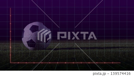 Resting scuffed soccer ball casting shadow on turf at night, with 3D grid and red axes Resting scuffed soccer ball casting shadow on turf at night, with 3D grid and red axes 139574416