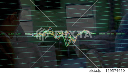Displaying color chart on glass, tracking trends in dim office with labels and colleagues in shirts Displaying color chart on glass, tracking trends in dim office with labels and colleagues in shirts 139574650