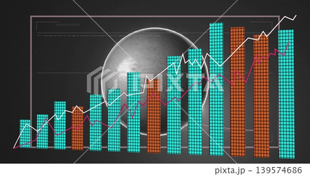 Displaying chart on dark dashboard, showing cyan orange bars, white magenta lines, orb, frame Displaying chart on dark dashboard, showing cyan orange bars, white magenta lines, orb, frame 139574686