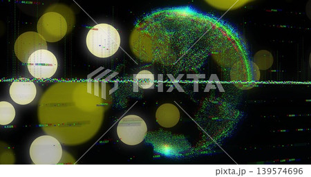 Displaying multicolor point-cloud globe rotating and reflecting in virtual HUD, with waveform band Displaying multicolor point-cloud globe rotating and reflecting in virtual HUD, with waveform band 139574696