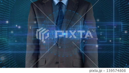 Showing adult male torso wearing dark suit and blue tie in studio, projecting holographic HUD node 139574808