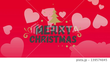 Displaying centered bold MERRY CHRISTMAS text on digital greeting card, with green tree pink hearts Displaying centered bold MERRY CHRISTMAS text on digital greeting card, with green tree pink hearts 139574845