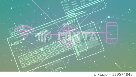 Displaying keyboard schematic with wireframe UI panels on teal plane showing magenta globe link Displaying keyboard schematic with wireframe UI panels on teal plane showing magenta globe link 139574849