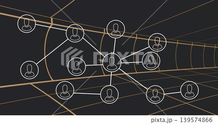 Linking central hub avatar node to white nodes, lines in tunnel, golden grid vanishing point right 139574866
