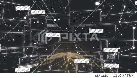 Displaying holographic network visualization on dark console, showing floating UI panels, nodes 139574867