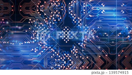 Glowing hexagonal chip motif radiating copper traces on deep blue board, showing glowing nodes Glowing hexagonal chip motif radiating copper traces on deep blue board, showing glowing nodes 139574915