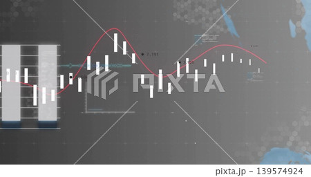 Rendering financial chart with white candlestick bars and red smoothed trend line on dark dashboard Rendering financial chart with white candlestick bars and red smoothed trend line on dark dashboard 139574924