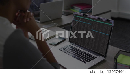 Showing silver laptop running terminal in office, man wearing light top, sticky notes, copy space Showing silver laptop running terminal in office, man wearing light top, sticky notes, copy space 139574944