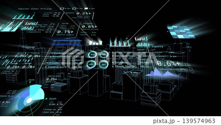 Displaying holographic 3D block cluster floating in virtual space, showing bar charts and gauges 139574963