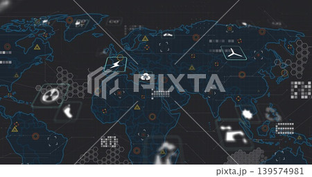 Displaying world map on operations dashboard, marking airplane, lightning, recycle, fan icons Displaying world map on operations dashboard, marking airplane, lightning, recycle, fan icons 139574981