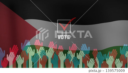 Displaying raised hands forming crowd on flag poster, with checkbox, red checkmark, VOTE 139575009