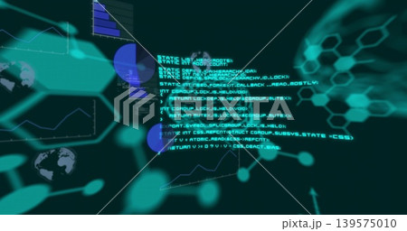 Displaying glowing cyan code block right-center on HUD, showing honeycomb grid, globe, charts 139575010