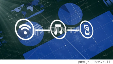 Floating three linked circle icons hovering over digital dashboard, with Wi-Fi, music, smartphone Floating three linked circle icons hovering over digital dashboard, with Wi-Fi, music, smartphone 139575011
