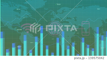 Displaying data dashboard on dotted world map with color bars, line graph, globe Wi?Fi phone icons Displaying data dashboard on dotted world map with color bars, line graph, globe Wi?Fi phone icons 139575042