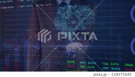Presenting executive in dark suit and tie holding palm-up at fintech office, holo brain and charts Presenting executive in dark suit and tie holding palm-up at fintech office, holo brain and charts 139575045