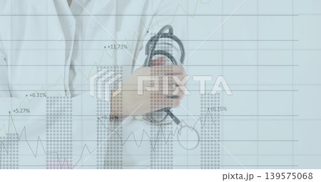 Holding clinician wearing white lab coat pressing stethoscope to chest in clinic, with data overlay 139575068