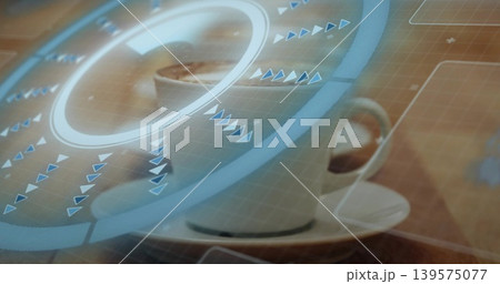 Displaying white ceramic coffee cup resting on saucer at cafe table, showing crema and HUD overlay Displaying white ceramic coffee cup resting on saucer at cafe table, showing crema and HUD overlay 139575077