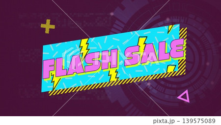 Showing turquoise FLASH SALE banner on digital ad, with pink letters, lightning, hazard stripe Showing turquoise FLASH SALE banner on digital ad, with pink letters, lightning, hazard stripe 139575089