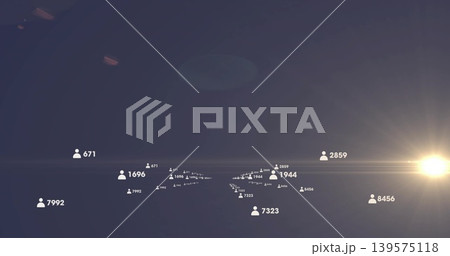Floating white avatar icons receding on low horizon in dark space, with numeric labels and flare Floating white avatar icons receding on low horizon in dark space, with numeric labels and flare 139575118