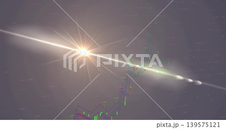Sending starburst, diagonal ray across digital space, with green or red candles and purple dotted li Sending starburst, diagonal ray across digital space, with green or red candles and purple dotted li 139575121