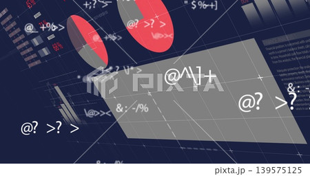 Displaying tilted grey panel on navy grid, showing red or grey pie charts and type symbols 139575125