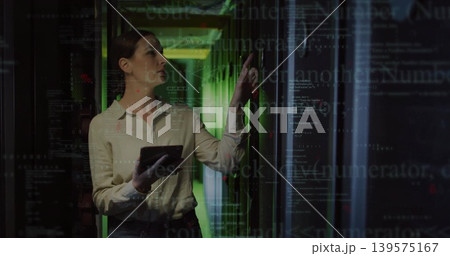 Diagnosing IT pro in biz-casual clothes holding tablet, touching rack in server aisle, code overlay Diagnosing IT pro in biz-casual clothes holding tablet, touching rack in server aisle, code overlay 139575167