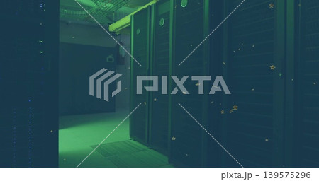 Lining tall server cabinets on right aisle, overhead cable trays running with blue LED indicators Lining tall server cabinets on right aisle, overhead cable trays running with blue LED indicators 139575296