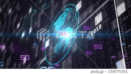 Displaying holographic globe rotating in dotted reticle on curved HUD, with repeating 5G tags 139575301