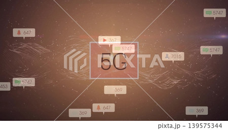 Showing framed 5G label centered in digital network, with notification bubbles and data waves 139575344