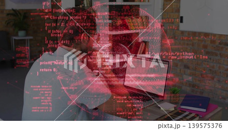 Holding head, middle-aged man in white t-shirt focusing on laptop in home office, red code overlay Holding head, middle-aged man in white t-shirt focusing on laptop in home office, red code overlay 139575376