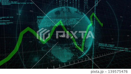 Displaying teal wireframe globe rotating in digital HUD, with bright green trend line and readouts 139575476