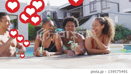 Leaning four friends in swimwear laughing and holding drinks at home pool, with heart overlays Leaning four friends in swimwear laughing and holding drinks at home pool, with heart overlays 139575491