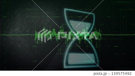 Displaying glowing hourglass outline overlaying neon-green waveform on HUD, with numeric readouts 139575492