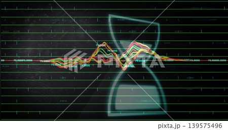 Displaying central colorful waveform and glowing hourglass over dark UI, with gridlines and labels Displaying central colorful waveform and glowing hourglass over dark UI, with gridlines and labels 139575496