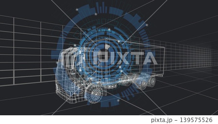 Rendering wireframe tractor-trailer model highlighting wheels, chassis and HUD overlay in 3D studio 139575526
