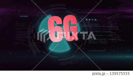 Glowing bold 6G lettering hovering over virtual HUD, with teal segmented circular wedges 139575555