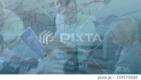 Presenting center man in button shirt explaining charts at conference table with tablet overlay 139575688