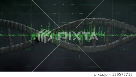 Showing textured DNA double helix running across dark smoky backdrop, with bright green waveform Showing textured DNA double helix running across dark smoky backdrop, with bright green waveform 139575713