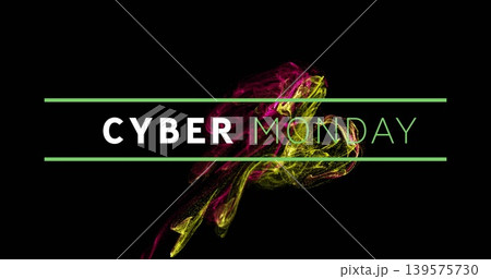 Showing CYBER MONDAY on black banner with white CYBER green outline MONDAY green bars magenta smoke 139575730