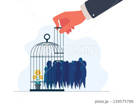 Business control concept with caged workers and profit stock illustration. Business control concept with caged workers and profit stock illustration. 139575786
