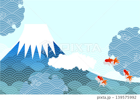 富士山と金魚、青海波の和風デザイン背景素材 富士山と金魚、青海波の和風デザイン背景素材 139575992