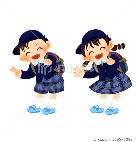 幼稚園の制服を着た男の子と女の子の準備確認イラスト 139576058