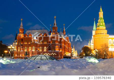 Manezhnaya square near Moscow Kremlin and historical museum at night Manezhnaya square near Moscow Kremlin and historical museum at night 139576340