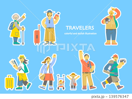 旅行を楽しむ人々 カラフルでお洒落なフラットイラスト 旅行を楽しむ人々 カラフルでお洒落なフラットイラスト 139576347